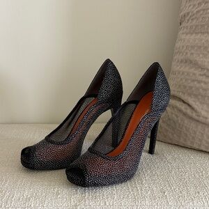Via Spiga Black Mesh Peep-Toe Heels with Sparkle Detail